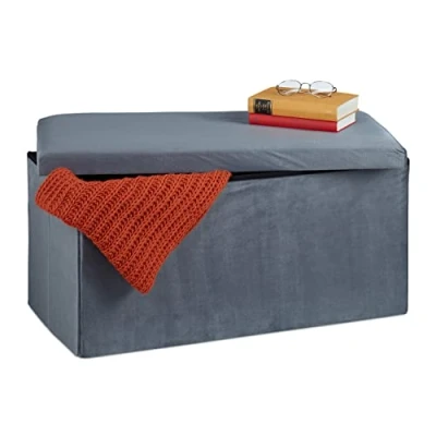 Afbeelding van Relaxdays Fluwelen opbergbank, 80 liter, voor hal, woonkamer, gevoerd, opvouwbaar, opbergdoos, 38 x 77 39 cm, donkergrijs