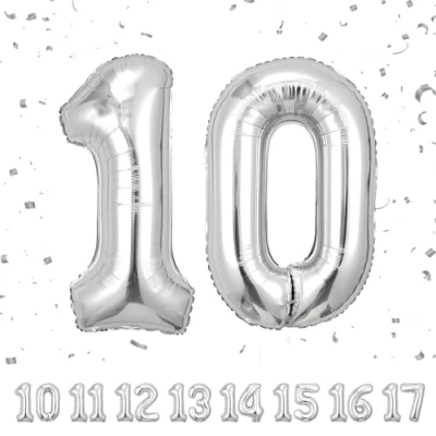 Afbeelding van Ballonnen verjaardag 10 zilver 100 cm ballon cijfer 10, nummer Happy Birthday decoratie, ballonnen, verjaardagsfeest, jaren vliegen dankzij helium