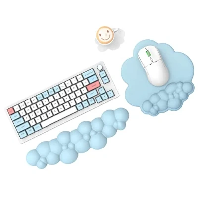 Afbeelding van MAMBASNAKE Cloud Toetsenbordmuismat en polssteun met onderzetter, comfortabel traagschuim kussen antislip onderkant, ergonomisch gemakkelijk te typen, blauw