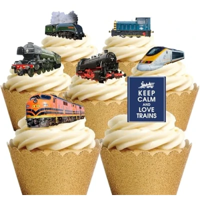 Afbeelding van 18 stuks taartdecoraties van eetbaar wafelpapier met het thema de elektrische dieselstoomtrein.