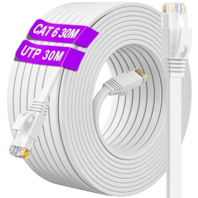 Afbeelding van Ethernet kabel, 30 m, Cat 6 RJ45, wit, lange netwerkkabel, hoge snelheid, 1000 Mbps, 250 MHz, platte patchkabel, ethernetkabel, Gigabit LAN voor router, switch, modem (30