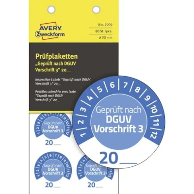 Afbeelding van AVERY Zweckform 80 stuks testplaten getest volgens DGUV 3 20 (met jaar voor zelfregistratie, duurzaam, zelfklevend, 30 mm, teststickers, testlabel