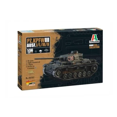 Afbeelding van 1:56 Italeri 25757 Pz. Kpfw. III Ausf. J/L/M/N WWII Tank met 4 Bouwopties Plastic Modelbouwpakket