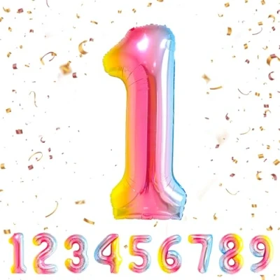 Afbeelding van Ballonnen verjaardag 1 jaar regenboog 101 cm ballon nummer verjaardagsdecoratie vliegen met helium