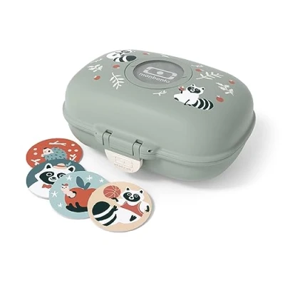Afbeelding van monbento MB Gram Raccoon broodtrommel voor kinderen, lunchdoos meisjes en jongens, ideaal school of park, BPA vrij, duurzaam veilig, wasbeer patroon, groen
