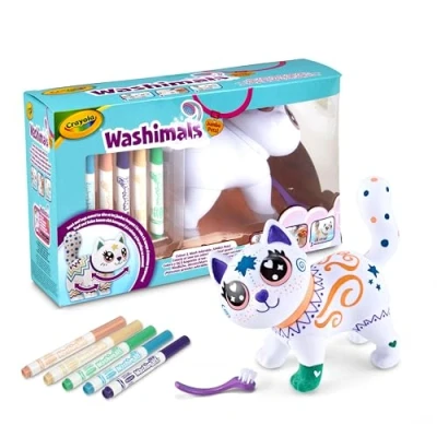 Afbeelding van Crayola Washimals Jumbo Pets Big Jenny, het grote kitten om te kleuren, wassen en opnieuw 15 cm, set met 5 wasbare viltstiften borstel, spel cadeau voor kinderen vanaf 3 jaar,