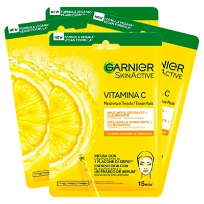 Afbeelding van 4 x Garnier SkinActive wegwerpgezichtsmasker van hydraterende en lichtgevende stof met vitamine C hyaluronzuur wegwerpmaskers