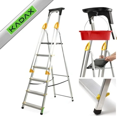 Afbeelding van KADAX Aluminium ladder, met leuning, maximale belasting: 150 kg, ladder in 3 uitvoeringen, opvouwbare huistradder, borstelvak, antislipvoeten (6 treden)