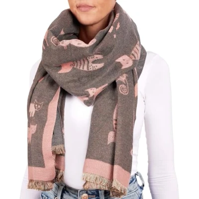 Afbeelding van BRUBAKER Cashmirillo damessjaal met kattenpatroon, 70 x 200 cm, warm, behaaglijk en oversized, wollen sjaal voor herfst winter, herfstsjaal, wintersjaal, zachte kasjmier, Lichtroze, Eén Maat