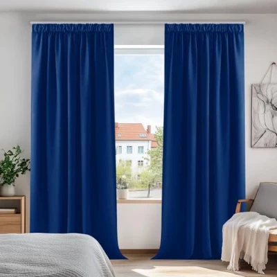 Afbeelding van Deconovo Set van 2 gordijnen met plooiband, gordijn, woonkamer, modern design, ondoorzichtig, isolerend, koudebescherming, koningsblauw, 140 x 245 cm