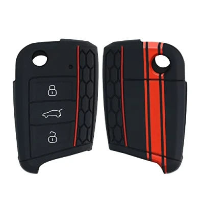 Afbeelding van kwmobile Autosleutel hoesje geschikt voor VW Golf 7 MK7 3 knops behuizing in rood / zwart Rallystrepen design