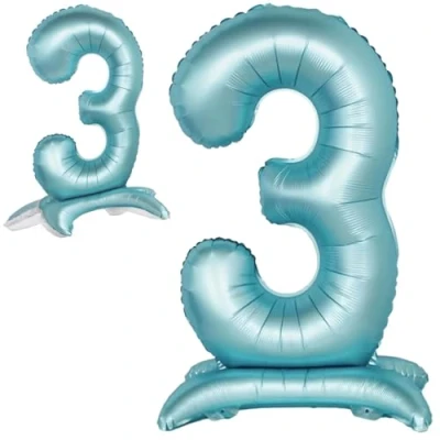 Afbeelding van Ballon 3ème Anniversaire Numéro 3 Bleu Clair Debout XXL Géant en Aluminium 82cm Décoration Garcon de Deco pour Anniversaire.