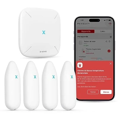 Afbeelding van X Sense Wifi hygrometer voor binnen, bewaking van temperatuur en luchtvochtigheid via app, bereik 500 m, gratis gegevensexport, compatibel met Alexa, 4 sensoren 1