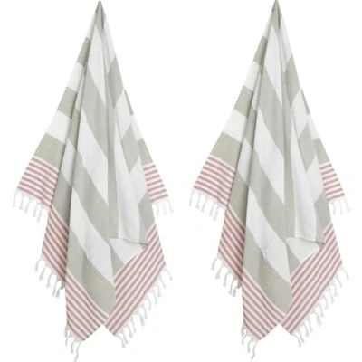 Afbeelding van 2 x Hamamdoek XL Combi Grijs Rood Zoem Strandlaken Katoen Sauna Wellness Zwembad Omslagdoek Badlaken Badhanddoek Yoga Stripe 100 180 cm