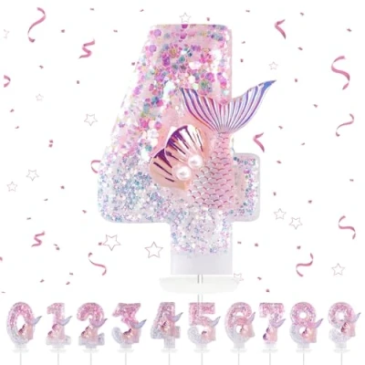Afbeelding van Set van 4 3D cijferkaarsen in de vorm een zeemeermin Roze Verjaardagstaartdecoratie