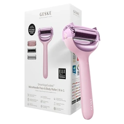 Afbeelding van GESKE SmartAppGuided™ MicroNeedle Face &amp; Body Roller 9 in 1 rozenkwarts Elektrische dermaroller Microneedling apparaat Schoonheidsroller voor gezicht en lichaam