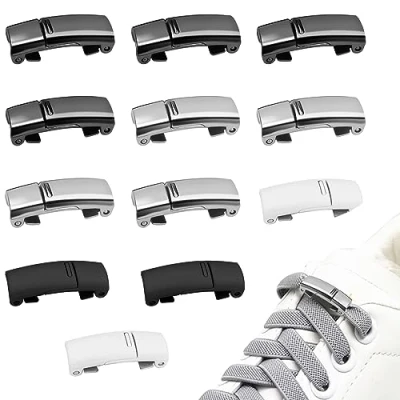 Afbeelding van Hengxinc 16 stuks zonder stropdas, veters met magnetische gesp, 4 kleuren, metalen sluiting, elastische knopen, voor volwassenen en kinderen, zwart, grijs, zilver, lichtgrijs