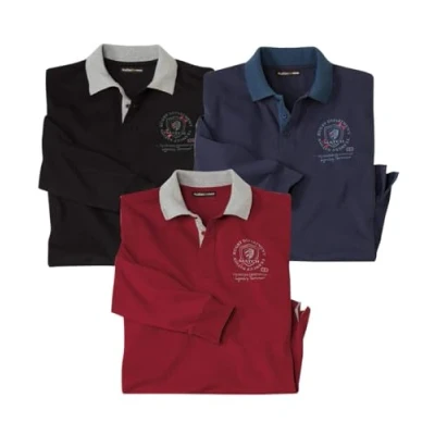 Afbeelding van ATLAS FOR MEN Set van 3 poloshirts voor heren 60% katoen 40% polyester lange mouwen verkrijgbaar in grote maten M tot 5XL, zwart, donkerblauw, bordeaux