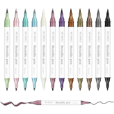Afbeelding van Set van 12 metallic markeerstiften in verschillende kleuren, dubbele fijne punt en penseelpunt, voor knutselalbum, zwarte kaarten, scrapbooking, knutselbenodigdheden, keramiek, steen,