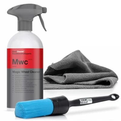 Afbeelding van detailmate Velgenreinigingsset: Koch Chemie MWC Magic Wheel Cleaner, zuurvrije velgenreiniger, 500 ml + ValetPro reinigingsborstel microvezeldoek om te polijsten (set van