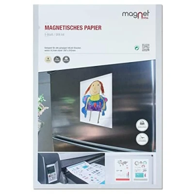 Afbeelding van 5 vellen magnetisch papier, wit, DIN A4, doe het zelf, magnetische achterkant, bedrukbaar met gangbare inkjetprinter, om te schrijven, af drukken of als fotopapier, mag_250