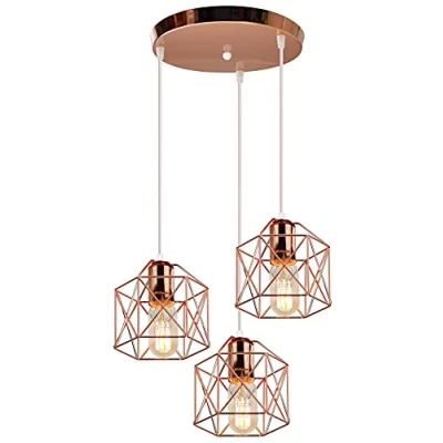 Afbeelding van iDEGU 3 Hanglampen, industriële vintage metalen kooi, zeshoekig, plafondlamp, lampenkap, geometrisch, design, E27, plafondlamp voor slaapkamer, eetkamer, woonkamer (roségoud)