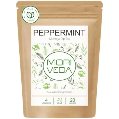 Afbeelding van MoriVeda® moringa Dip Thee 100% natuurlijk en veganistisch (naar keuze: bladmix, appel, kaneel, granaatappel, gember, munt). Kwaliteitsproduct van MoriVeda (20 muntzakjes)