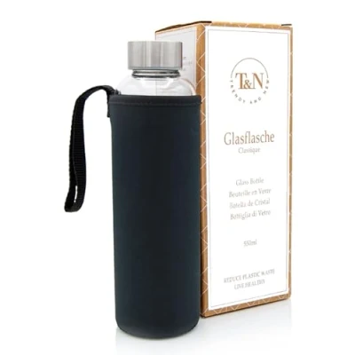 Afbeelding van T&amp;N Glazen fles, 550 ml, drinkfles met neopreen deksel, lekvrije dikkere borosilicaatglazen fles voor mineraalwater, slank design