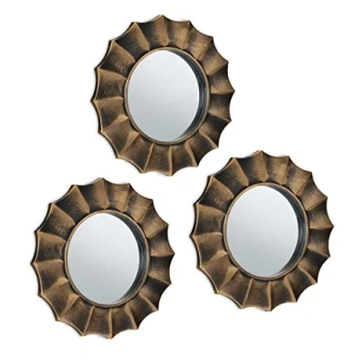 Afbeelding van Relaxdays spiegel set van 3 wandspiegel met gouden rand sierspiegel 25 cm woonkamer
