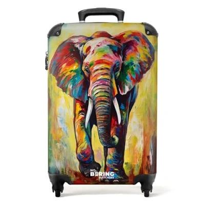 Afbeelding van NoBoringSuitcases.com® Koffer Olifant Olieverf Dieren Regenboog Reiskoffer Trolley Handbagage TSA slot Past binnen 55x40x20 cm en 55x35x25 Lichtgewicht Hardcase Cabin size Kofferslot