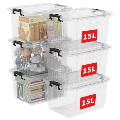 Afbeelding van Cetomo Set van 6 stapelbare opbergdozen met klikdeksel, transparant, 15 liter