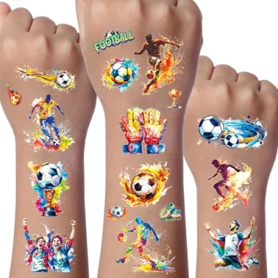 Afbeelding van Foot Tatouage Paillette Enfant, 12 Feuilles Football Enfant Garçons, Decoration Anniversaire Tatouage, Invitation Football, Etanche Paillettes Enfants