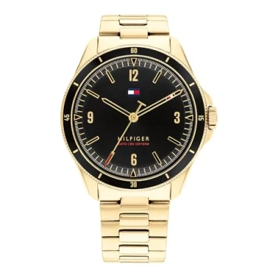 Afbeelding van Tommy Hilfiger Analoog kwartshorloge voor heren met goudkleurige roestvrijstalen armband 1791903, zwart., 1791903 AMZUK