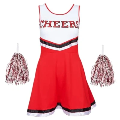 Afbeelding van Cheerleaderkostuum voor meisjes, jurk met kwastjes Halloween en kostuumfeesten, carnavalskostuum (rood, medium)