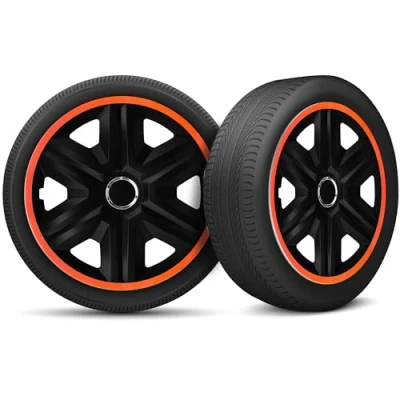 Afbeelding van Set van 4 wieldoppen geschikt voor alle stalen velgen verstelbare veiligheidsring 16 inch zwart/oranje