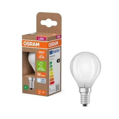 Afbeelding van Osram LED lamp in classic miniball shape, with decorative filament frosted design, energy efficiency class A, E14, 1.2 W, 255 lm, 4000 K, cool white. 100% light straight away.