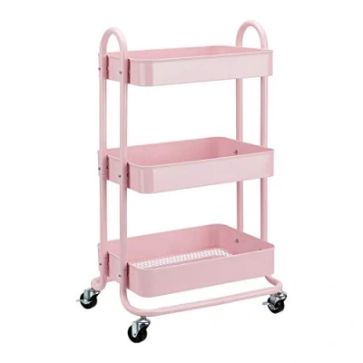 Image de Amazon Basics WK130840 2 Dusty Pink Chariot de rangement à 3 niveaux pour la cuisine ou buanderie avec roulettes, Rose poudré