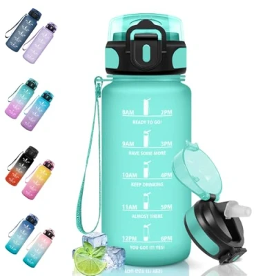 Afbeelding van Motswedi Sportfles, 0,5 l, lekvrij, rietje, BPA vrij, drinkfles met herbruikbaar, drinkfles, gemakkelijk te dragen, waterfles voor yoga, kamperen, fietsen, fitness, blauw/groen