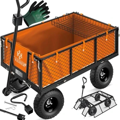 Afbeelding van KESSER Tuinwagen, transportwagen, belastbaar tot 700 kg, met afneembaar zeil, luchtbanden, multifunctionele handwagen handschoenen + plank, oranje
