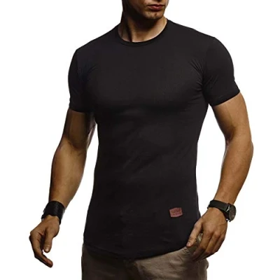 Afbeelding van Leif Nelson Zomer T shirt voor heren met ronde hals, slimfit, katoenaandeel, cool wit zwart basic shirt, korte mouwen, lang, LN8294, Zwart, XXL