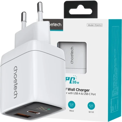 Afbeelding van Choetech PD6052 USB C A PD 35W GaN wandlader met display wit