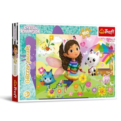 Image de Trefl Puzzle Glitter : Gabbys’s Dollhous, Gabby BrillantPailletée Pailleté 100 Pièces avec Personnages de Bande Dessinée, Loisir pour les enfants à partir 5 ans