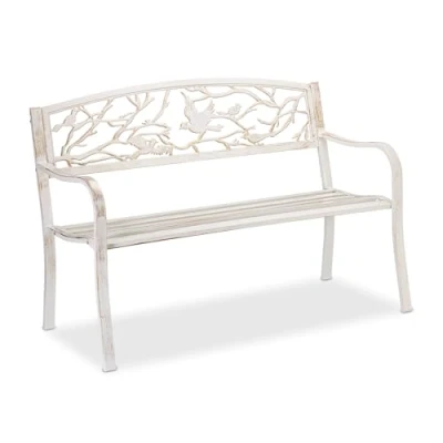 Afbeelding van Relaxdays Tuinbank van staal, vogelmotief, 2 zits, vintage stijl, tuin en balkon, tuinbank, HBT 87 x 127 57 cm, wit/brons
