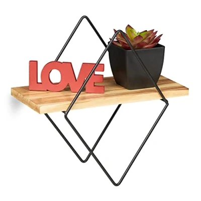 Afbeelding van Relaxdays wandplank industrieel diamantvorm wandrek zwevende plank zwart/bruin
