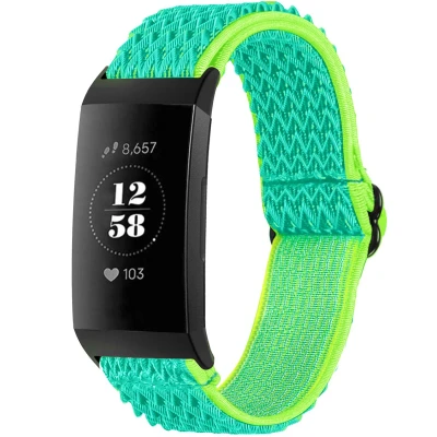 Afbeelding van iMoshion Bandje Geschikt voor Fitbit Charge 3 / 4 Elastisch nylon band met zwarte aansluiting Groen