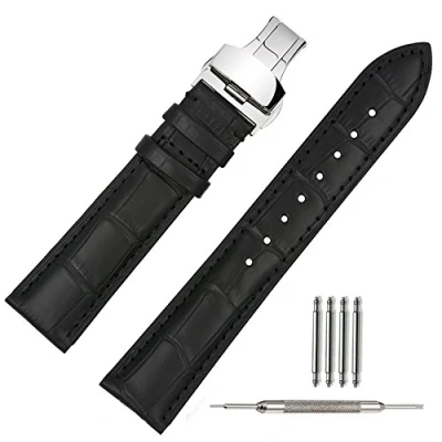Afbeelding van TStrap Horlogebandje, heren, leer, zwart, met roestvrijstalen vouwsluiting, 18 mm/19 mm/20 mm/21 mm/22 mm, zwarte naad, 19 Riemen.