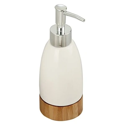 Afbeelding van MSV Zeeppompje/dispenser Tallinn keramiek/bamboe wit/hout 7 x 19 cm 270 ml