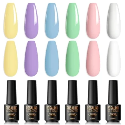 Afbeelding van ROSALIND Semi permanente nagellak, pastelkleuren, 6 kleuren, mini snoep, geel, wit, paars, blauw, roze, lente, zomer, macaron, kunstset, ml