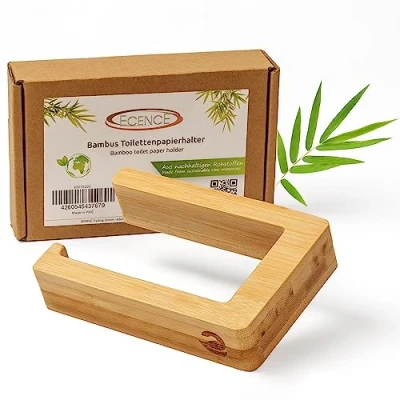 Afbeelding van ECENCE 1 x toiletpapierhouder van hout, wandmontage zonder boren, toiletrolhouder bamboe, natuurlijk, milieuvriendelijk, zelfklevend