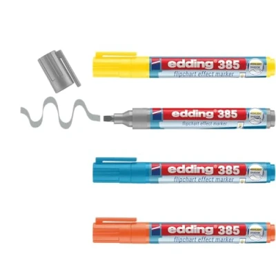 Afbeelding van edding 385 flipchart effect marker set 4 stuks geel, grijs, lichtblauw, oranje navulbaar flexibele penseelpunt intense kleuren in bewaardoosje